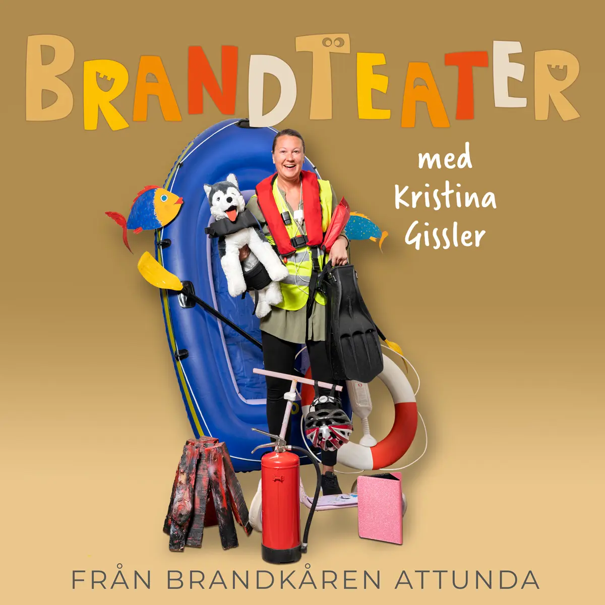 Brandkvinna med massor av fritidsprylar omkring sig