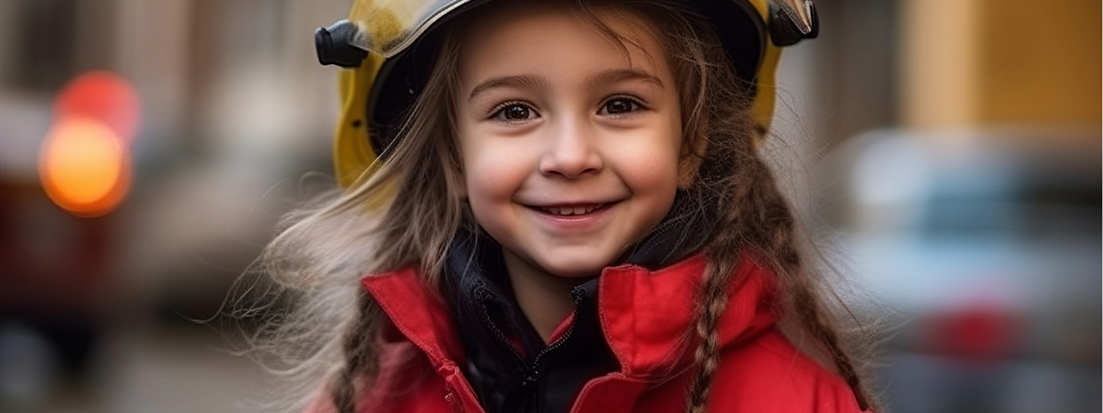 En ung flicka i stora brandmanskläder och hjälm