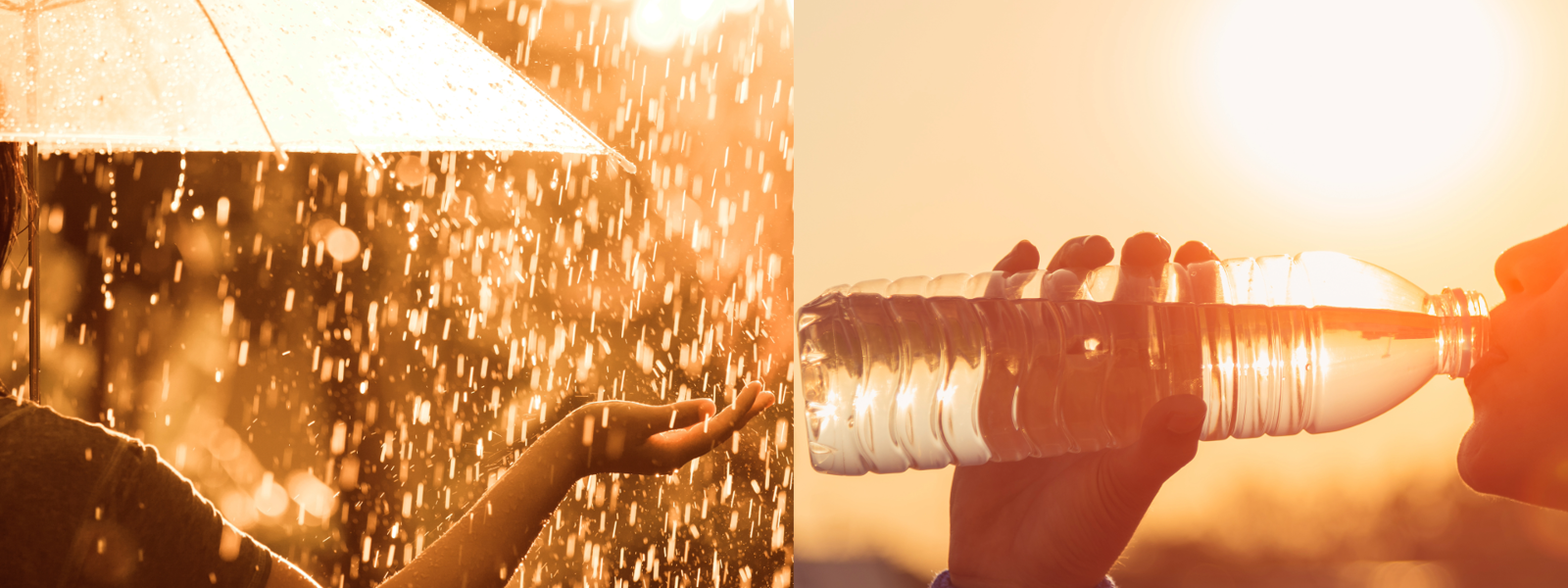 En tudelad bild med regn och stark sol