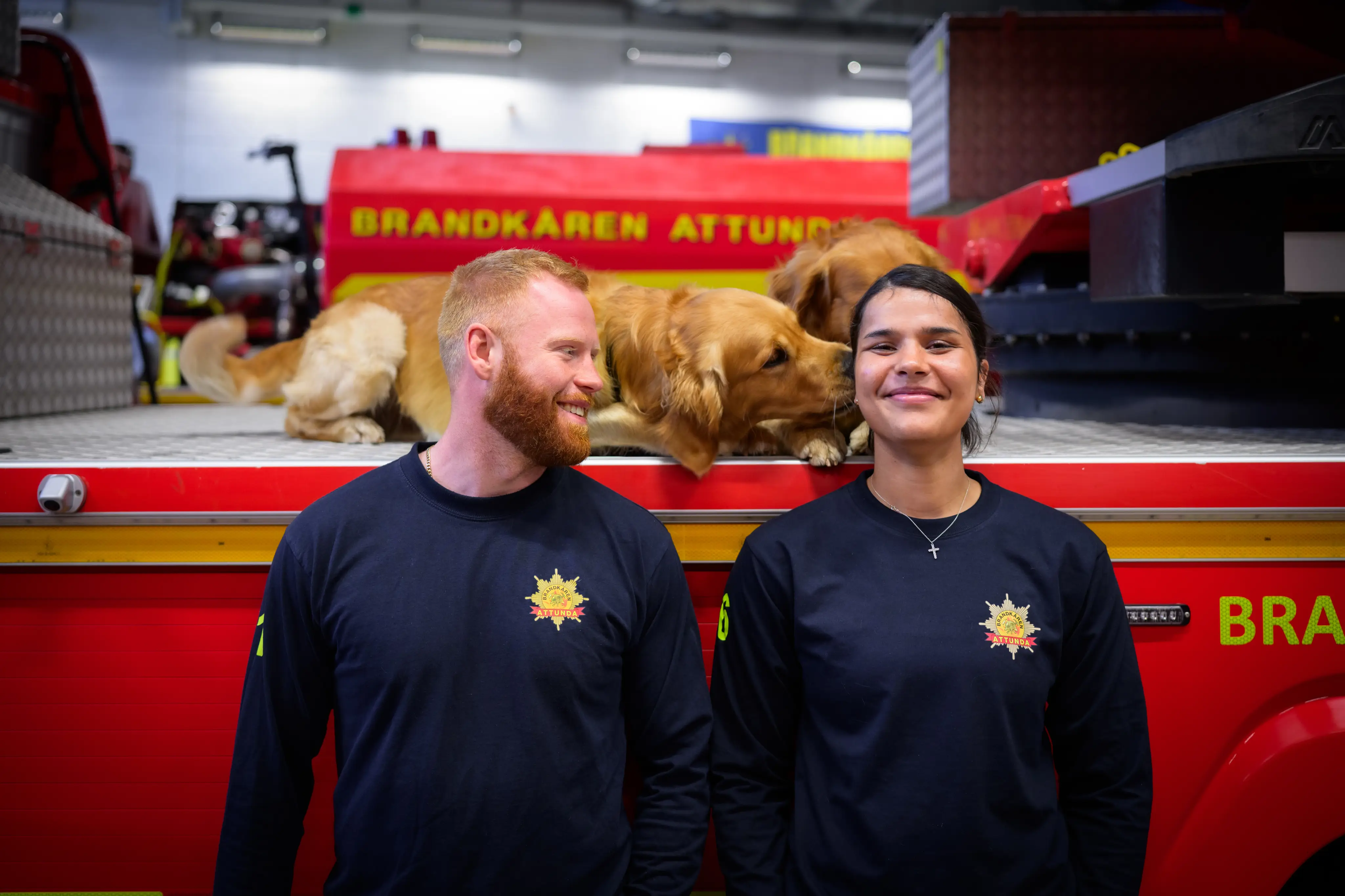 Två brandmän i bild samt två räddningshundar