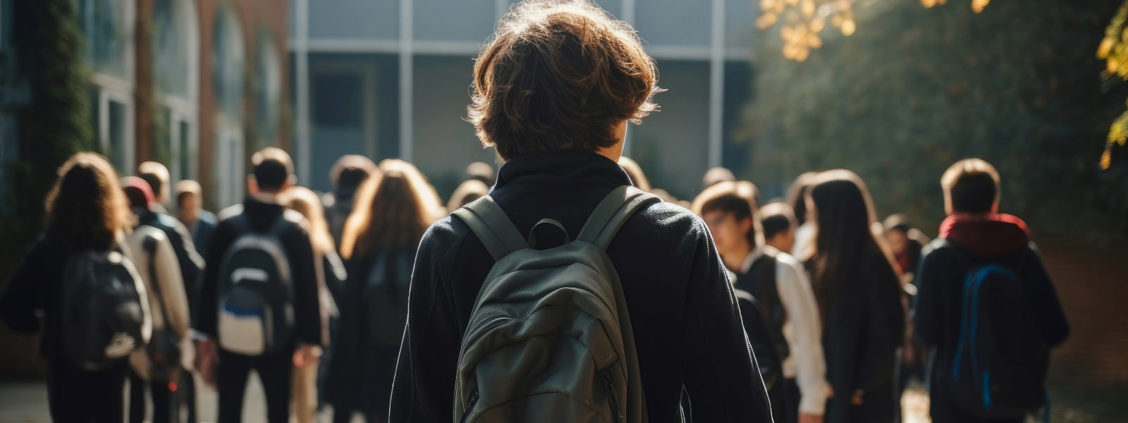 Ungdomar framför en skolbyggnad