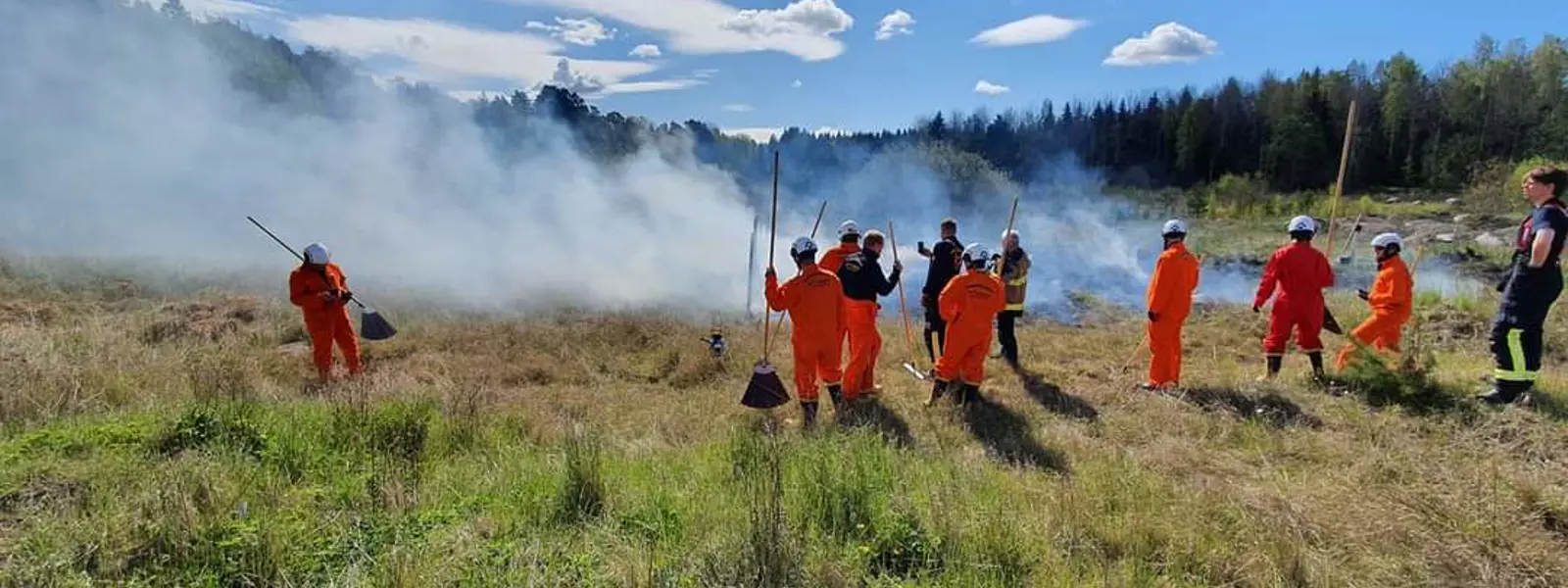 Medlemmar ur brandvärnet släcker gräsbrand